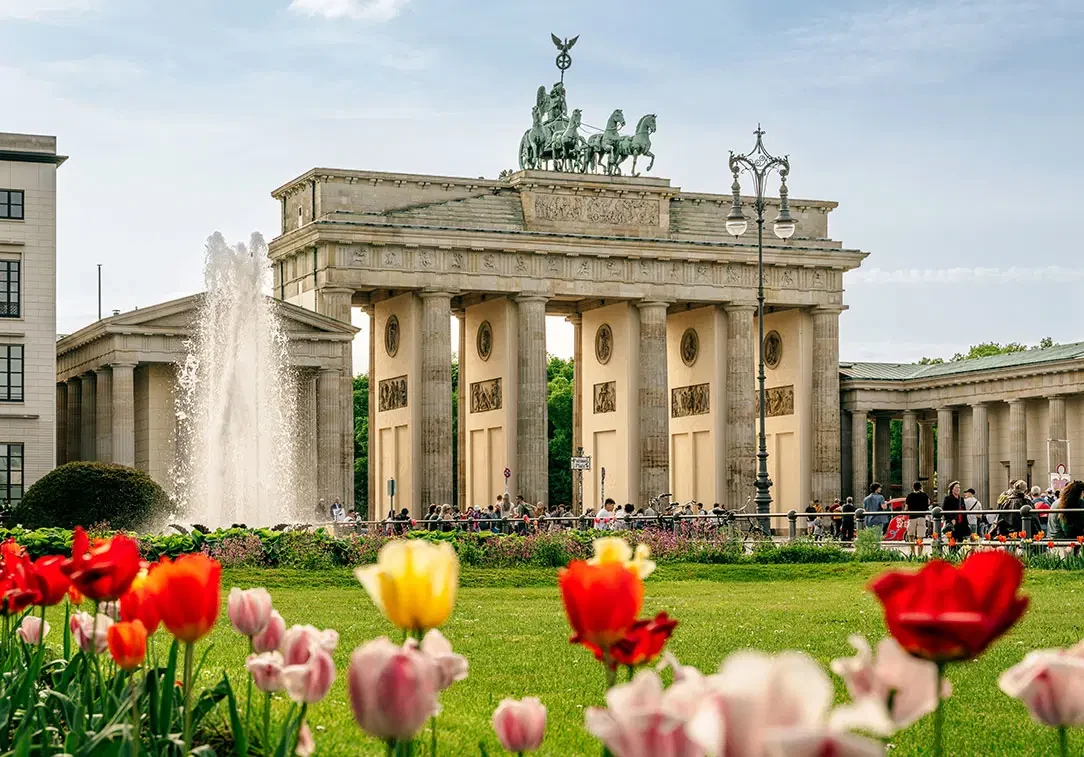 germany berlin brandenburg gate and spring tulips